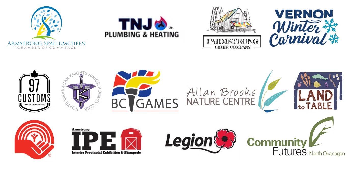 Client logos including Armstrong Chamber of Commerce, BC Games, United Way, Vernon Winter Carnival, IPE, Community Futures North Okanagan, and more
